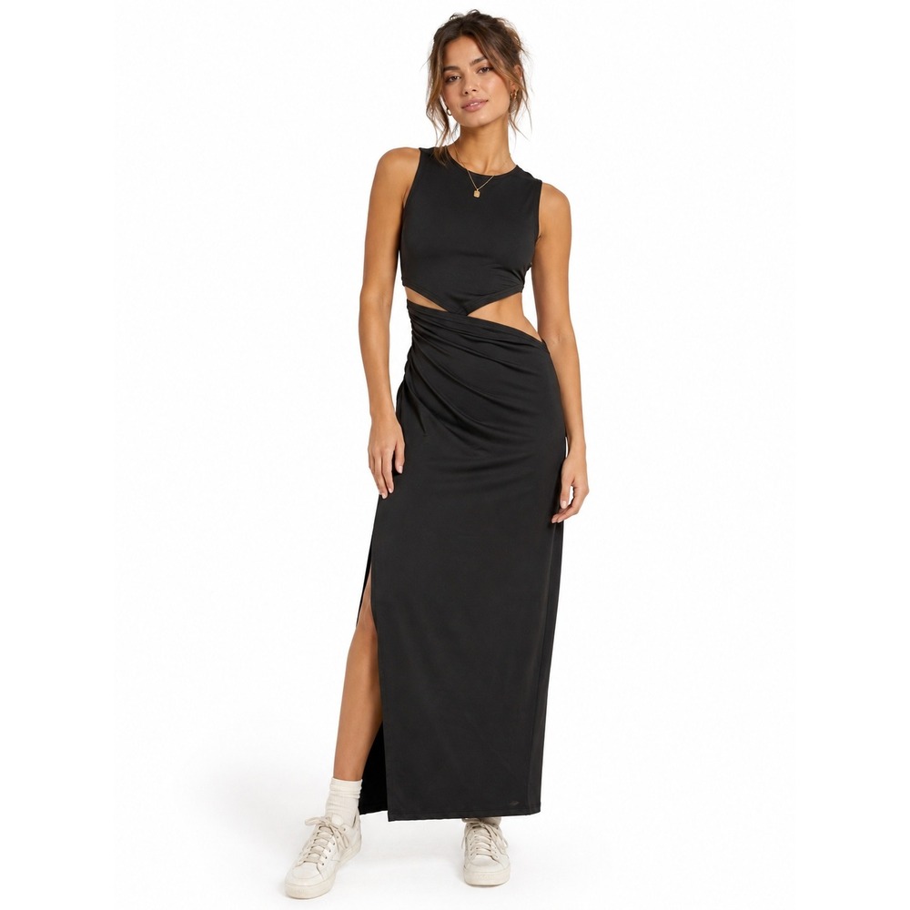 Black Sleeveless Side Cutout Ruched Maxi Dress for Women | Small